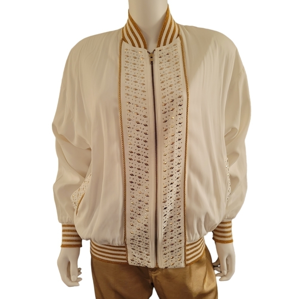 Vintage Vital Elements New York Windbreaker Bomber Jacket White Gold M